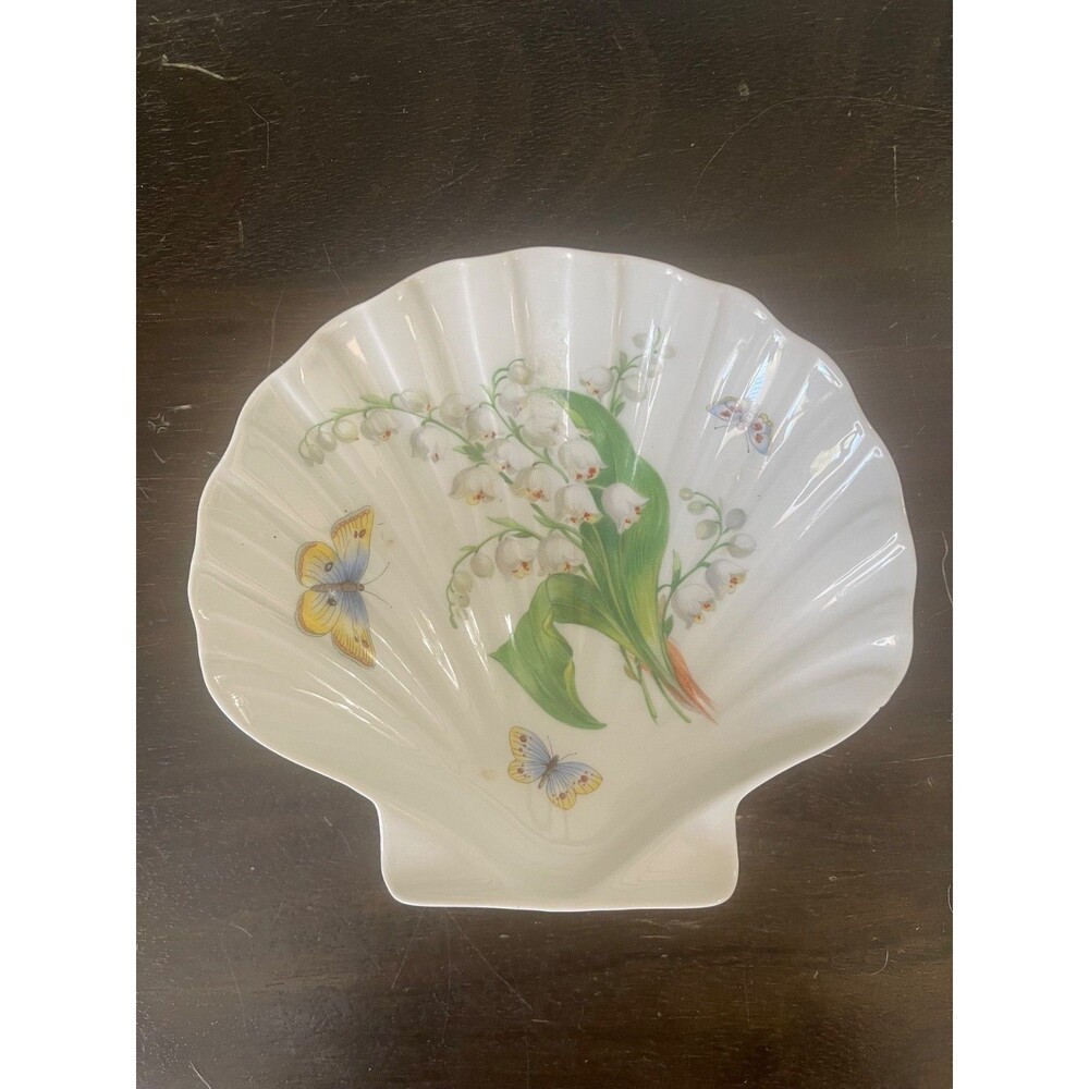 Vintage Limoges France Shell Shaped Trinket Dish Lily of the Valley Butterflies